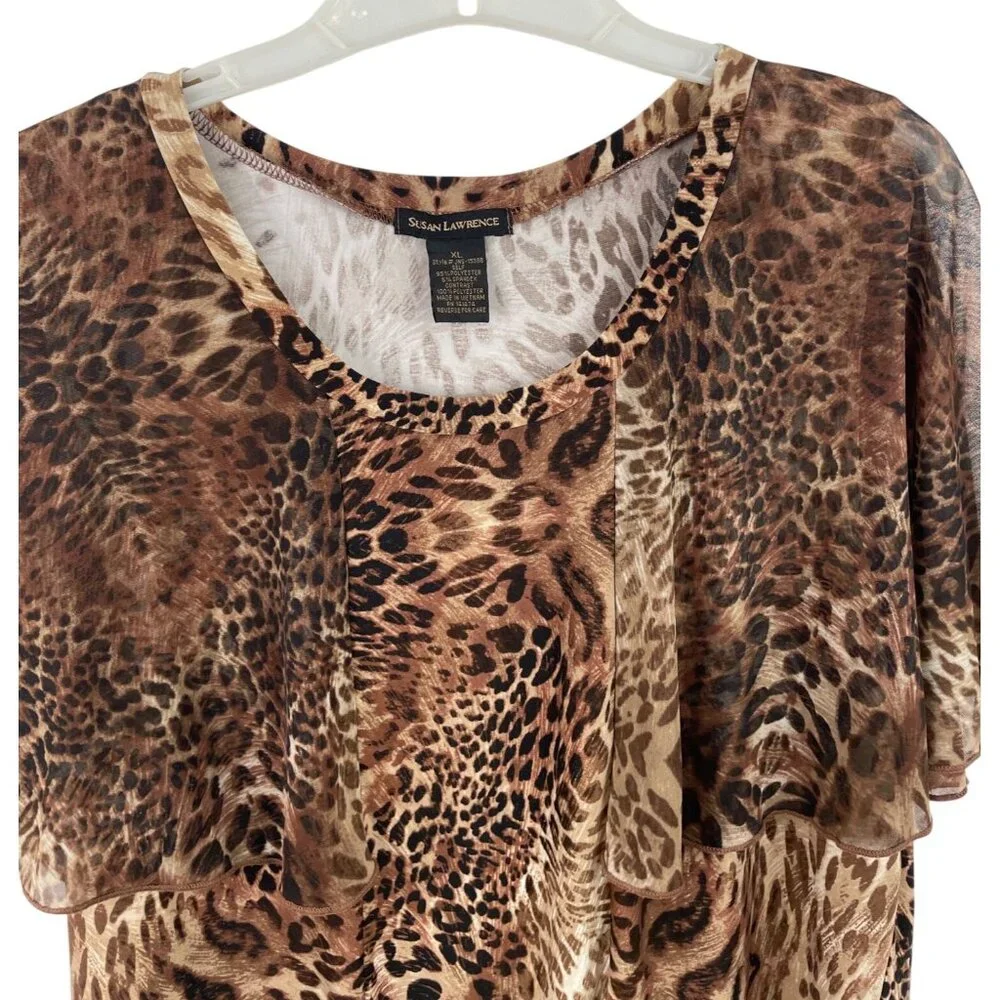 Susan Lawrence Women Blouse XL Brown Animal Print Sheer Overlay Shirt - Picture 2 of 8